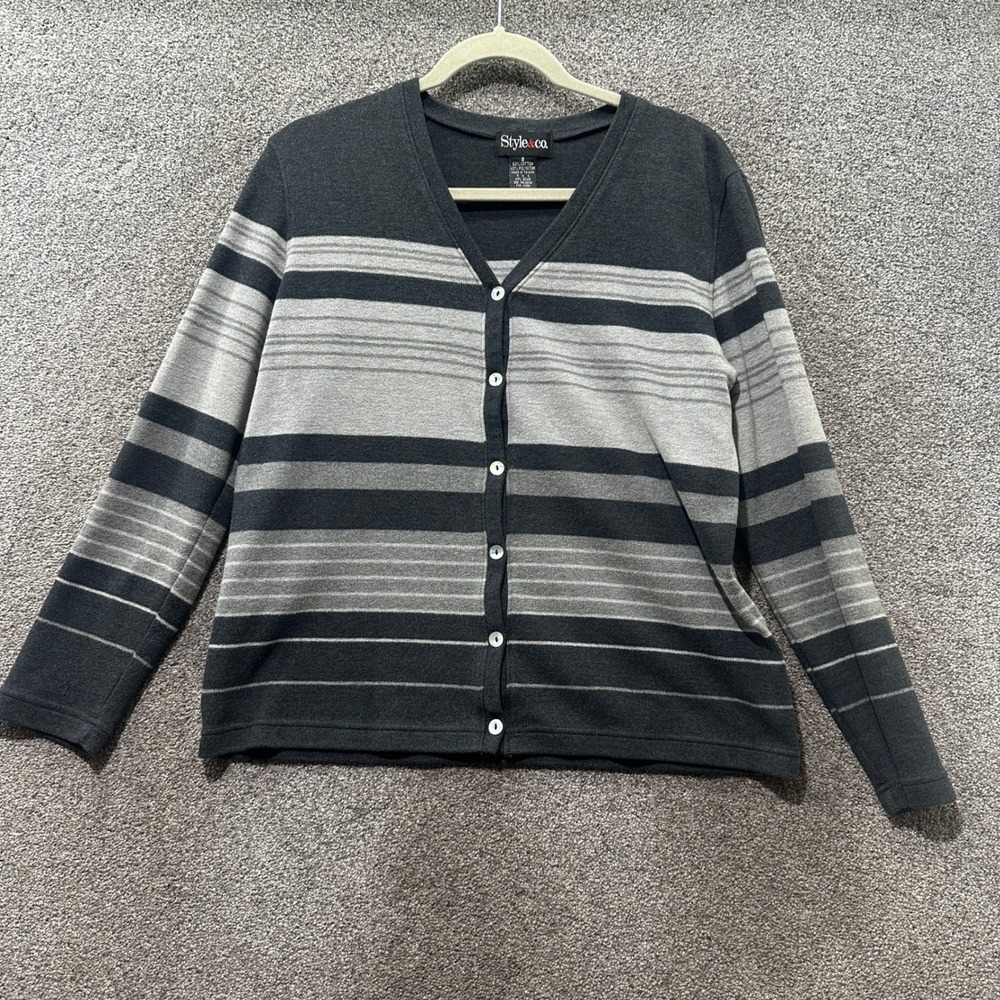 Style & Co Cardigan Sweater Women Small Gray Striped Button Front V Neck Neutral